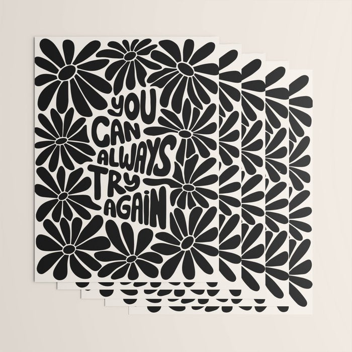 B&W Retro Floral Lettering - You can always try again Wrapping Paper Gallery Image 3