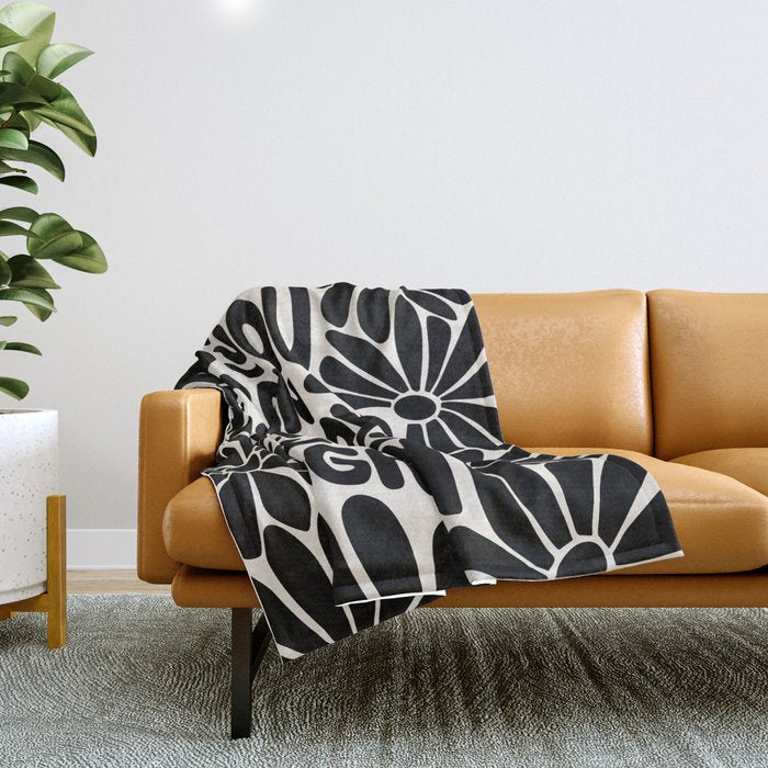 B&W Retro Floral Lettering - You can always try again Throw Blanket Gallery Image 1