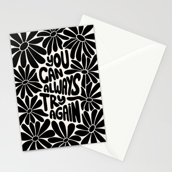 B&W Retro Floral Lettering - You can always try again Stationery Card Gallery Image 2