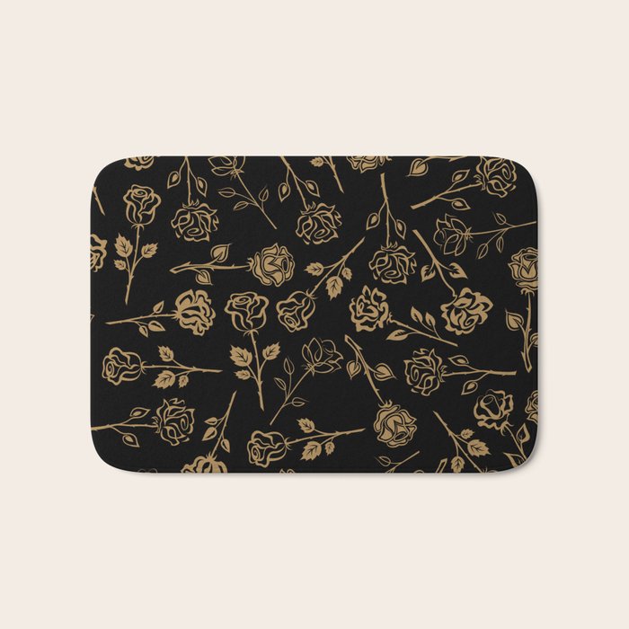 Gold Roses Silhouette on Black Bath Mat Gallery Image 1