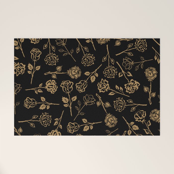 Gold Roses Silhouette on Black Welcome Mat Gallery Image 1