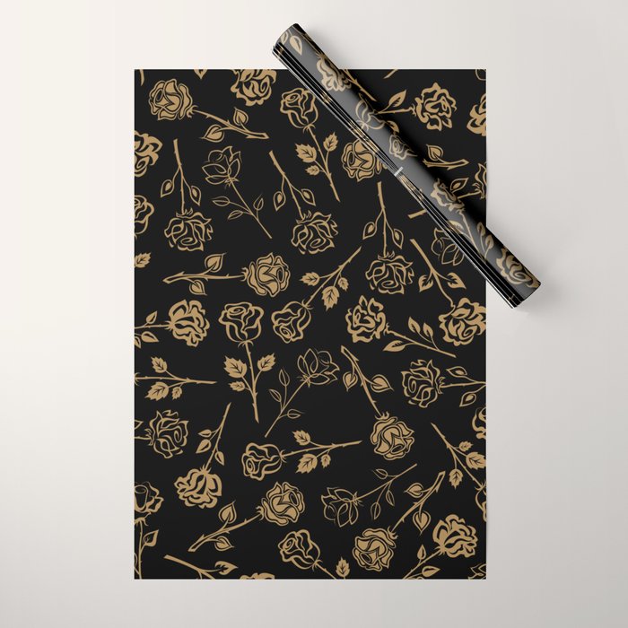 Gold Roses Silhouette on Black Wrapping Paper Gallery Image 1