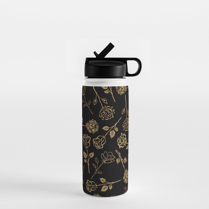 Gold Roses Silhouette on Black Water Bottle Gallery Image 1