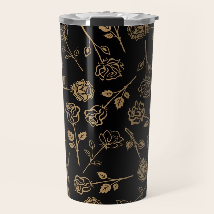 Gold Roses Silhouette on Black Travel Mug Gallery Image 1