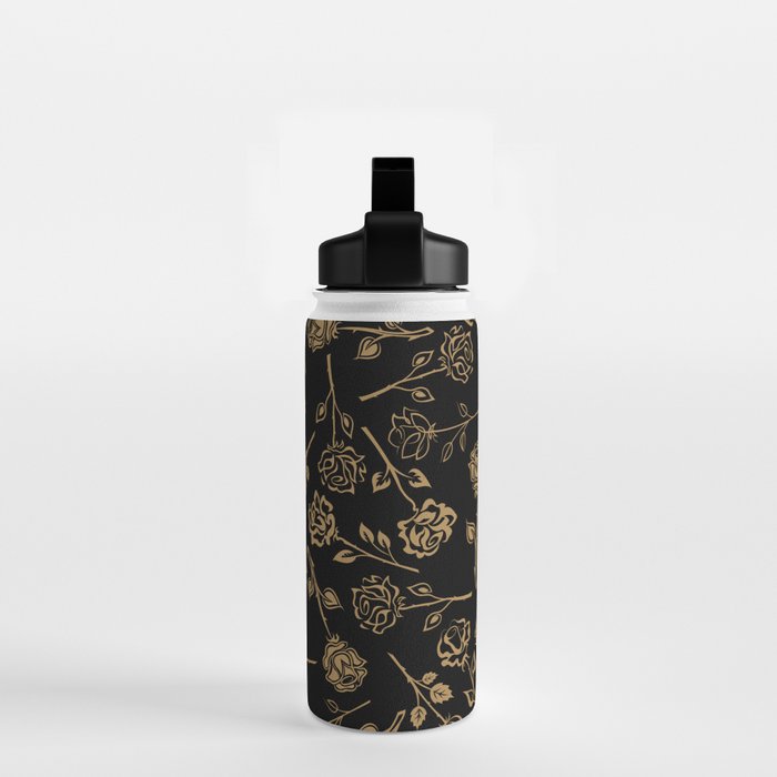 Gold Roses Silhouette on Black Water Bottle Gallery Image 2