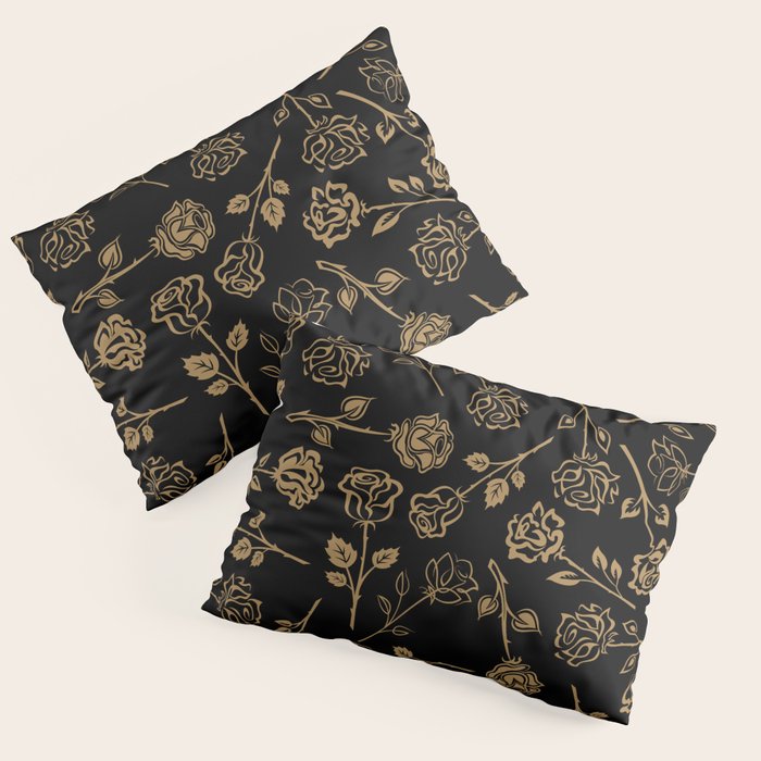 Gold Roses Silhouette on Black Pillow Sham Gallery Image 1