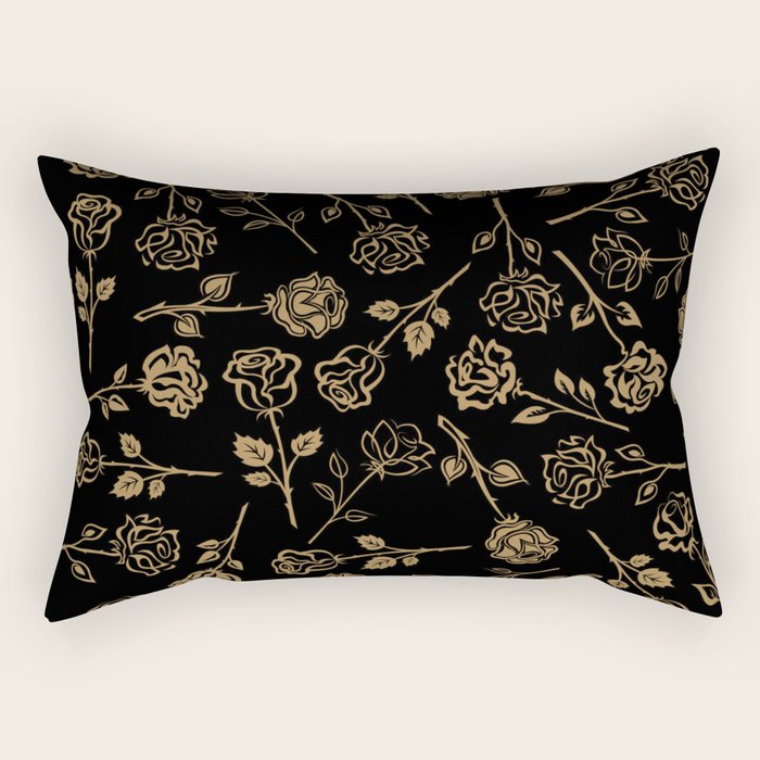 Gold Roses Silhouette on Black Rectangular Pillow Gallery Image 1