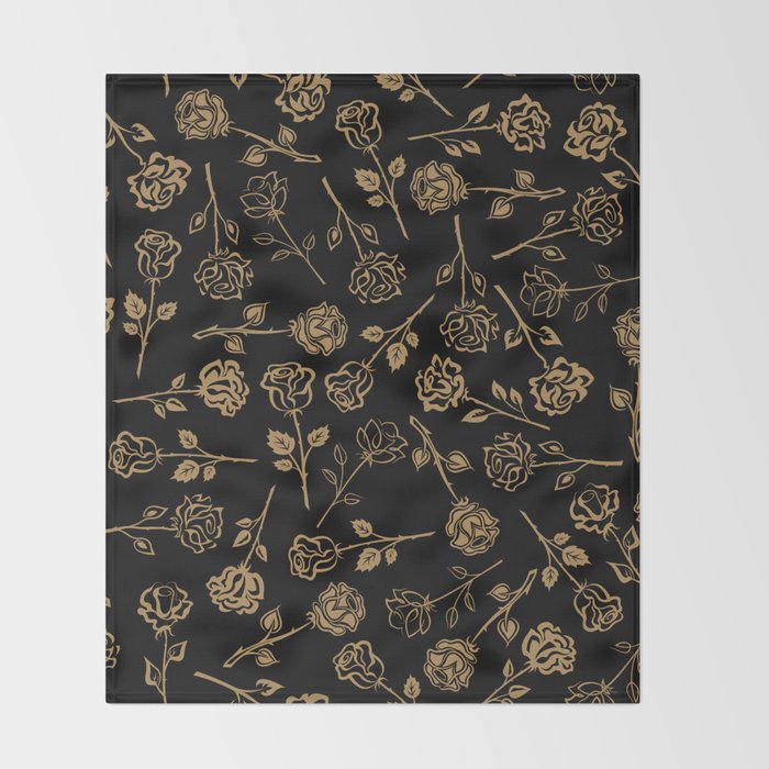 Gold Roses Silhouette on Black Throw Blanket Gallery Image 2