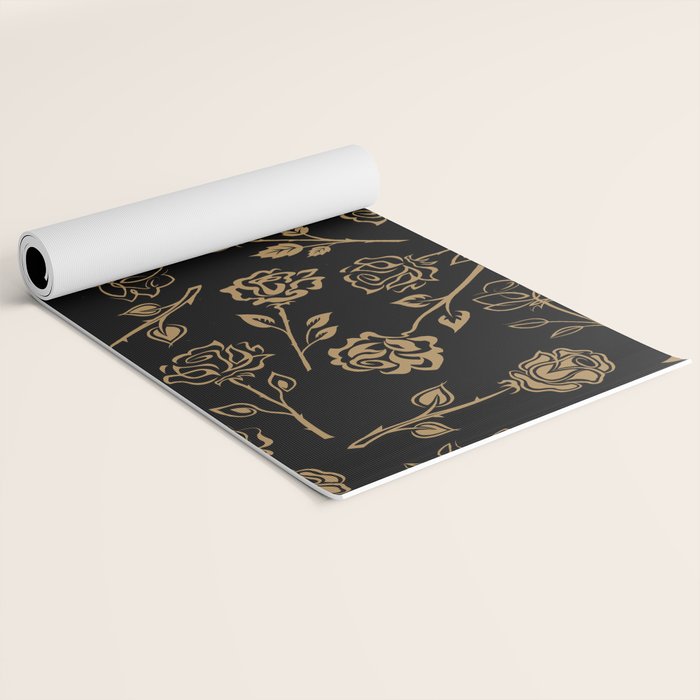 Gold Roses Silhouette on Black Yoga Mat Gallery Image 2