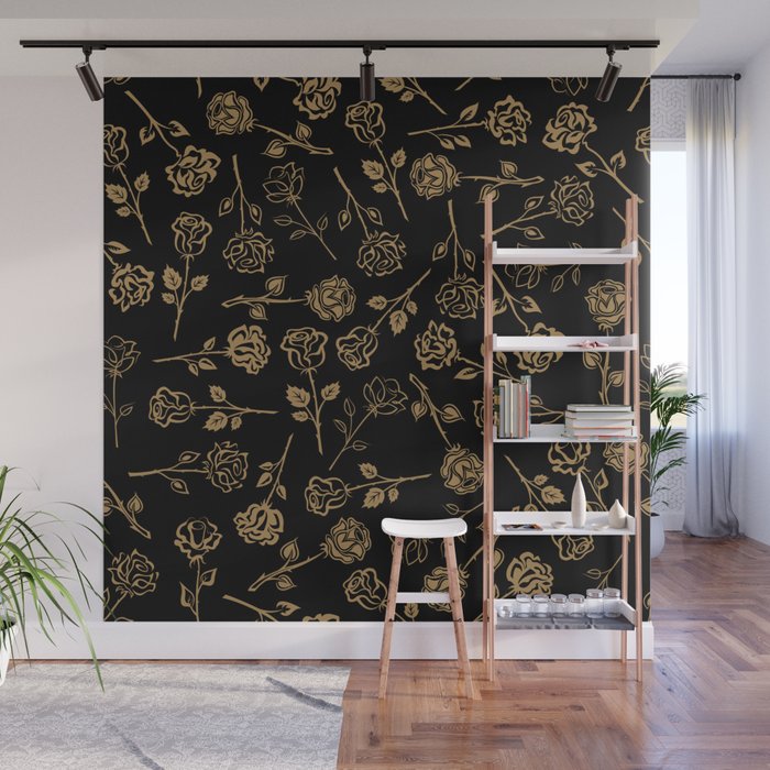 Gold Roses Silhouette on Black Wall Mural Gallery Image 1