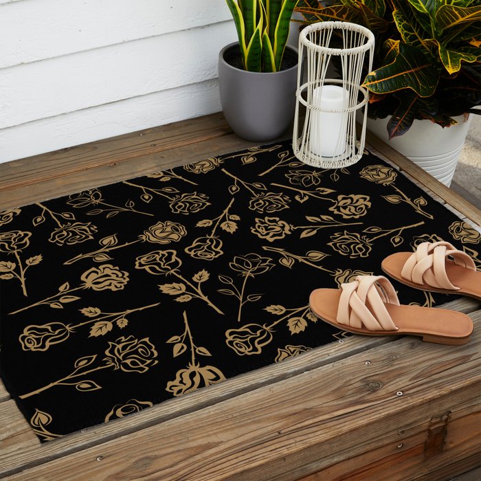 Gold Roses Silhouette on Black Outdoor Rug Gallery Image 2