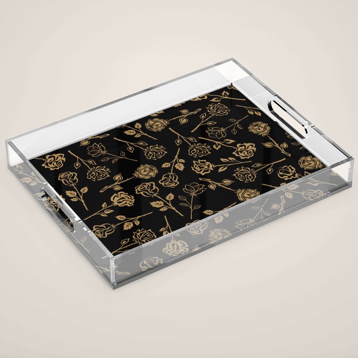 Gold Roses Silhouette on Black Acrylic Tray Gallery Image 1