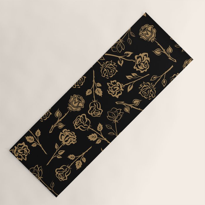 Gold Roses Silhouette on Black Yoga Mat Gallery Image 1