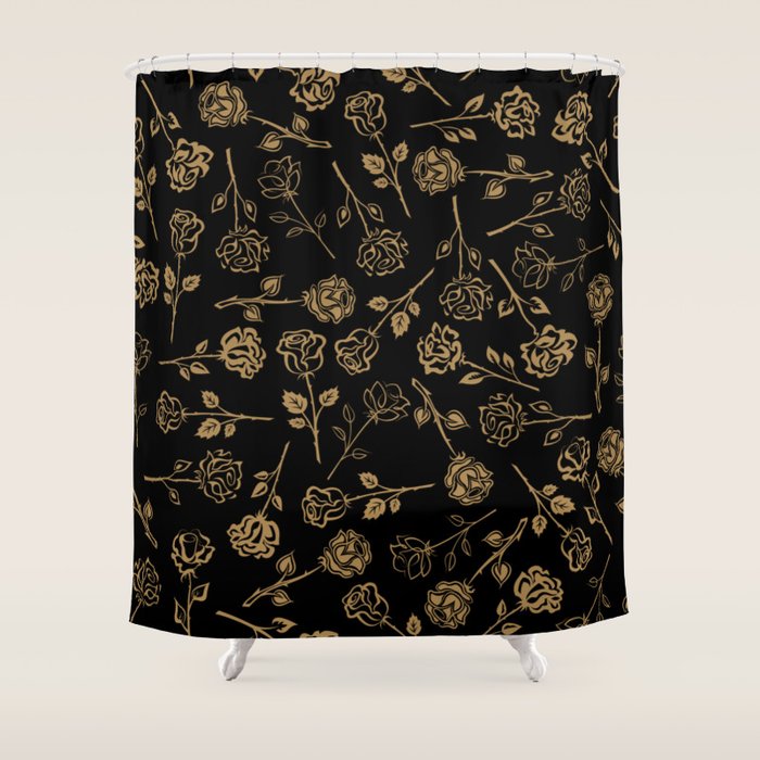 Gold Roses Silhouette on Black Shower Curtain Gallery Image 1