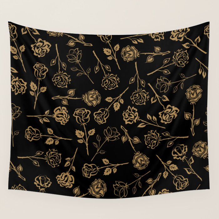 Gold Roses Silhouette on Black Wall Tapestry Gallery Image 4