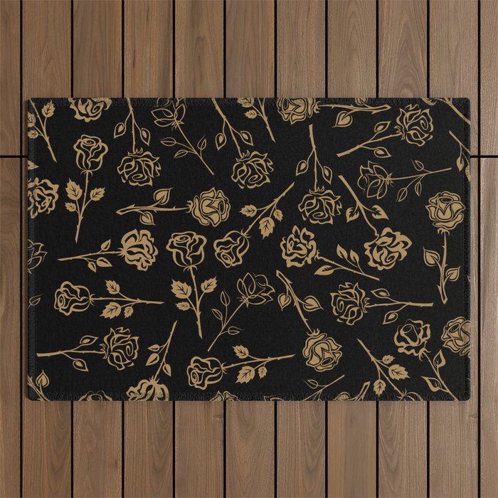 Gold Roses Silhouette on Black Outdoor Rug Gallery Image 1