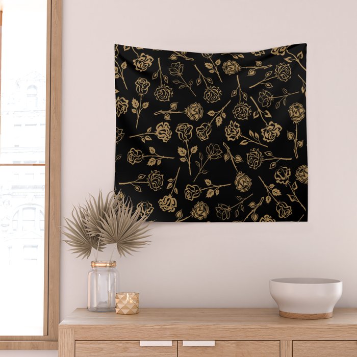 Gold Roses Silhouette on Black Wall Tapestry Gallery Image 2