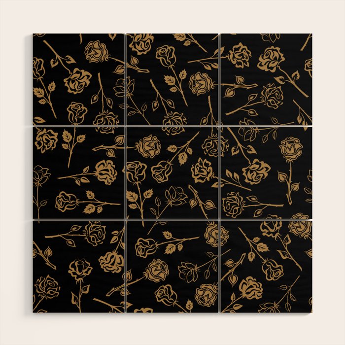 Gold Roses Silhouette on Black Wood Wall Art Gallery Image 1