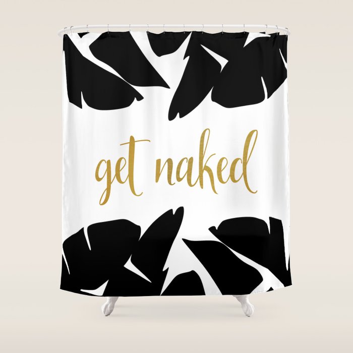Get Naked Funny, Tropical Palm, Black, White and Gold Shower Curtain Gallery Image 1