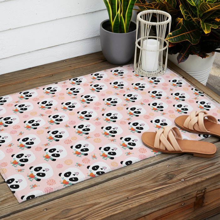Panda bear with flowers seamless pattern Outdoor Rug Gallery Image 2