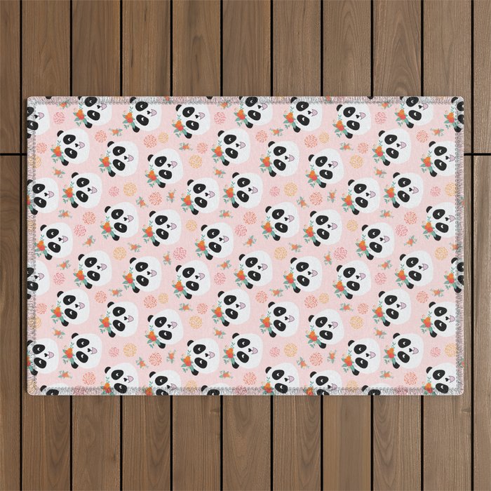 Panda bear with flowers seamless pattern Outdoor Rug Gallery Image 1