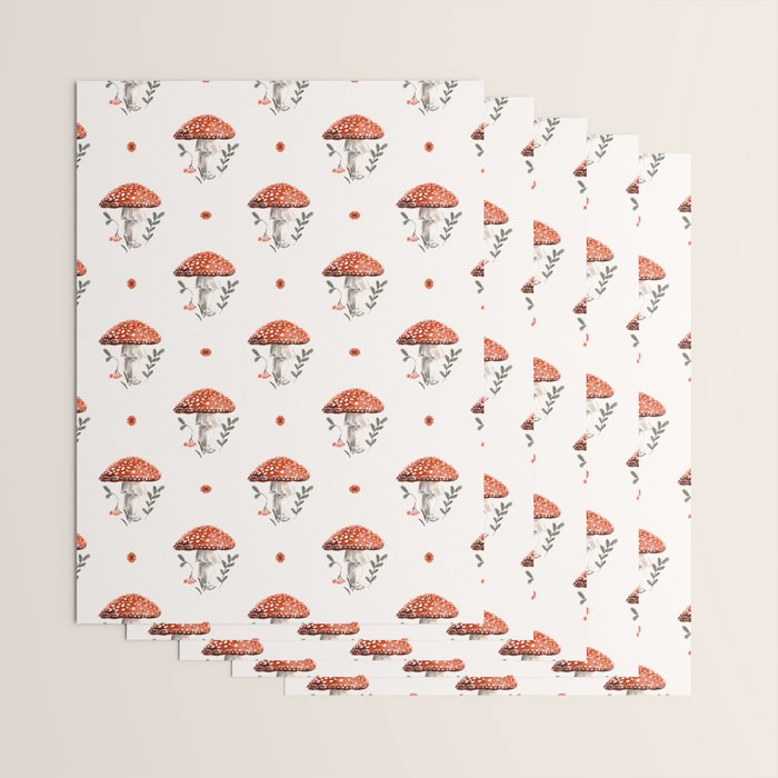 Whimsical Red Mushroom with Floral Border  Wrapping Paper Gallery Image 3