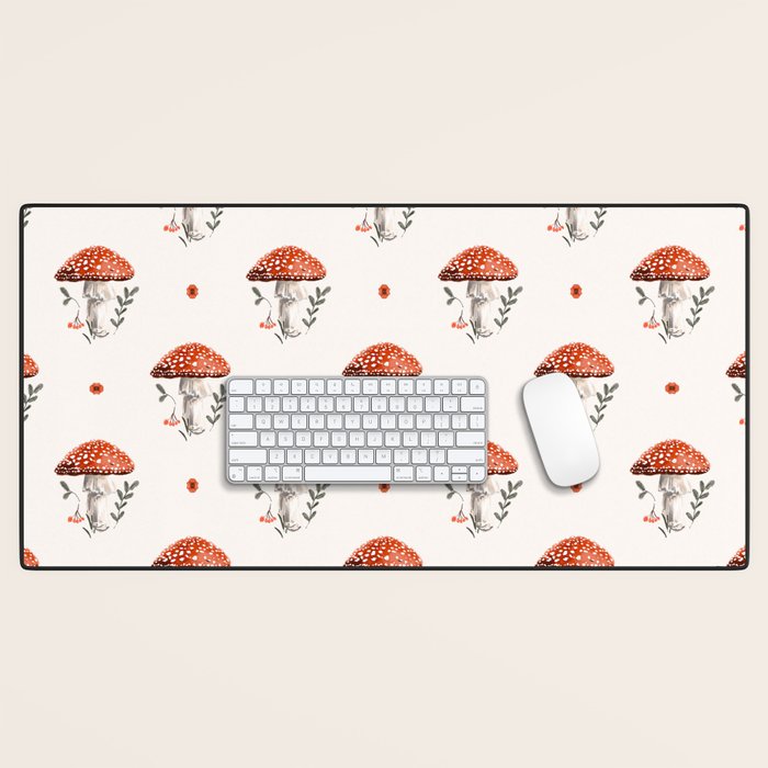 Whimsical Red Mushroom with Floral Border  Desk Mat Gallery Image 1