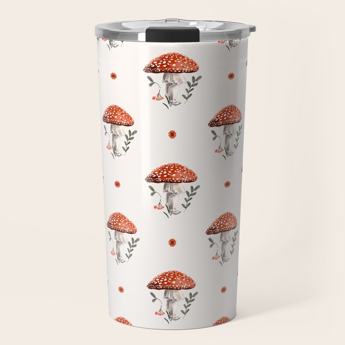 Whimsical Red Mushroom with Floral Border  Travel Mug Gallery Image 1