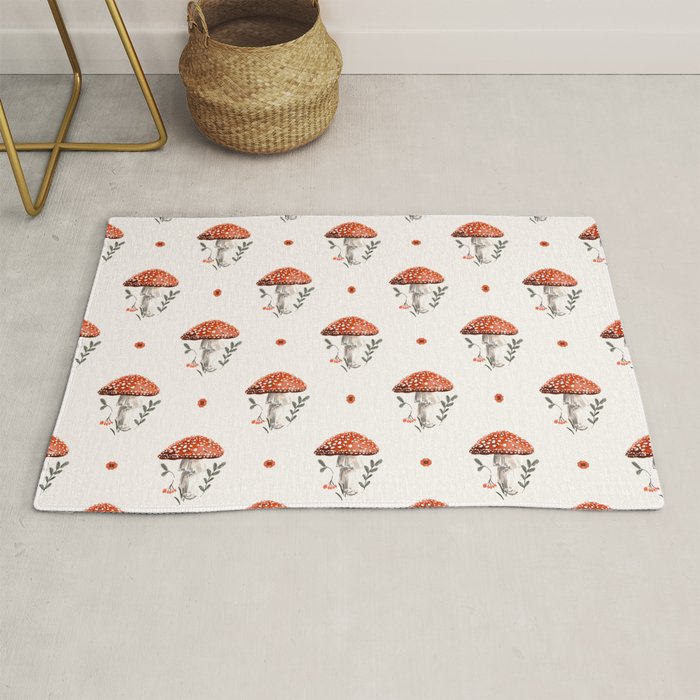 Whimsical Red Mushroom with Floral Border  Rug Gallery Image 1