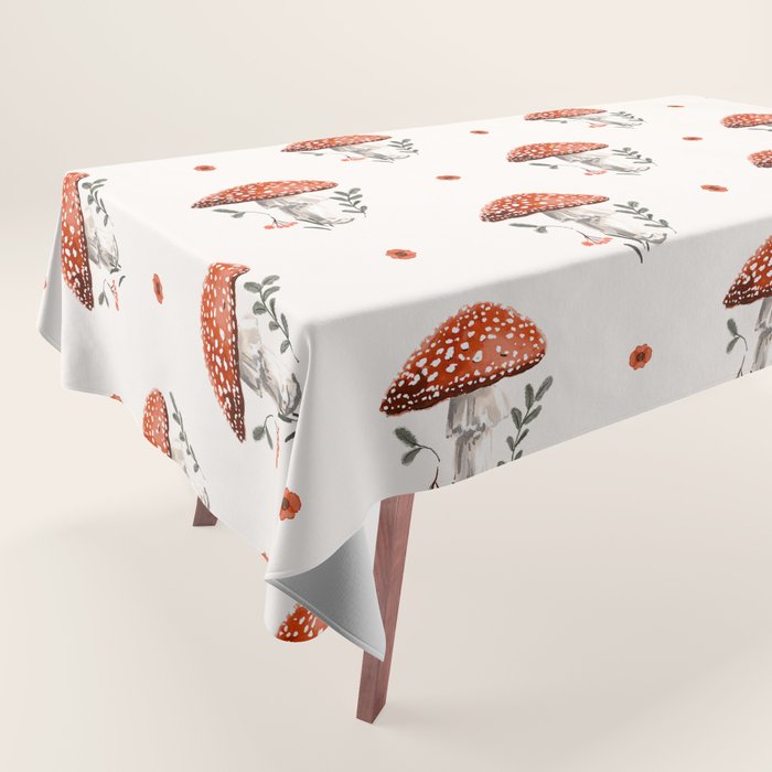 Whimsical Red Mushroom with Floral Border  Tablecloth Gallery Image 1