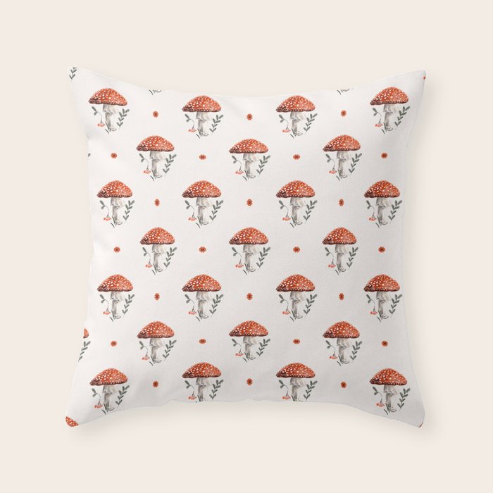 Whimsical Red Mushroom with Floral Border  Throw Pillow Gallery Image 6