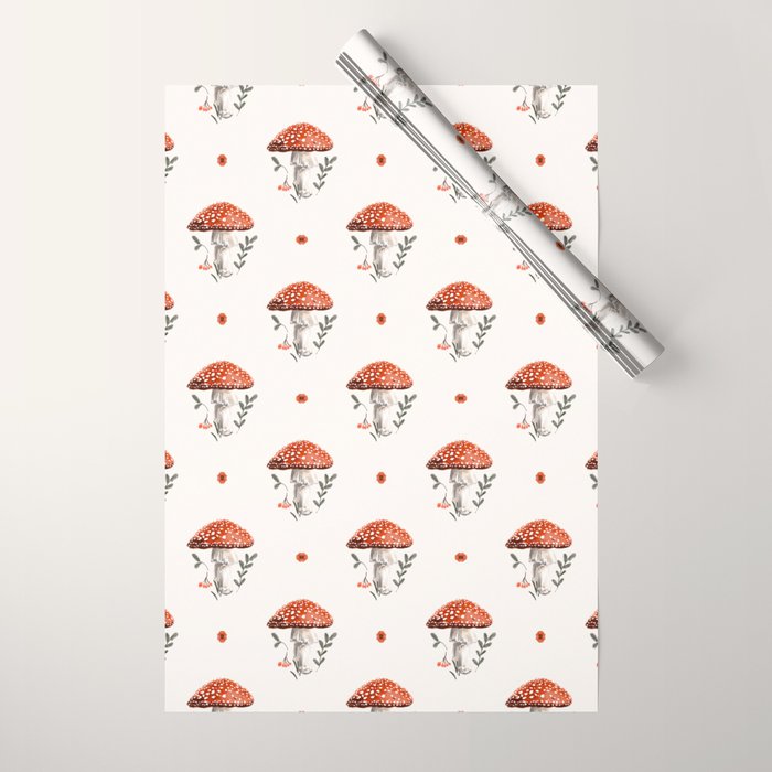 Whimsical Red Mushroom with Floral Border  Wrapping Paper Gallery Image 1