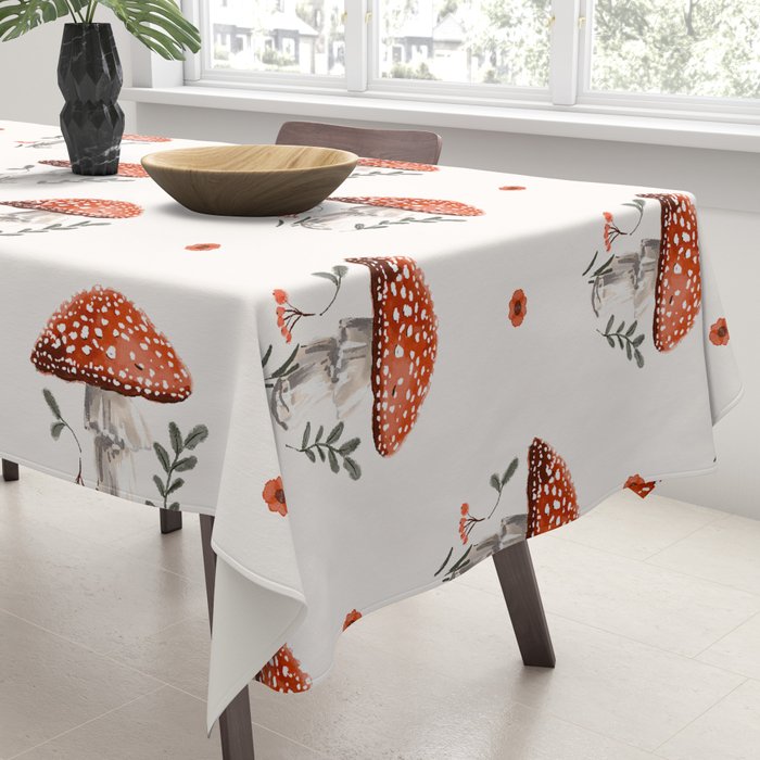Whimsical Red Mushroom with Floral Border  Tablecloth Gallery Image 3
