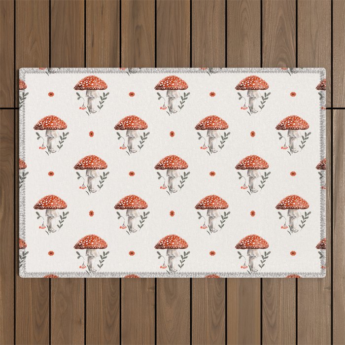 Whimsical Red Mushroom with Floral Border  Outdoor Rug Gallery Image 1