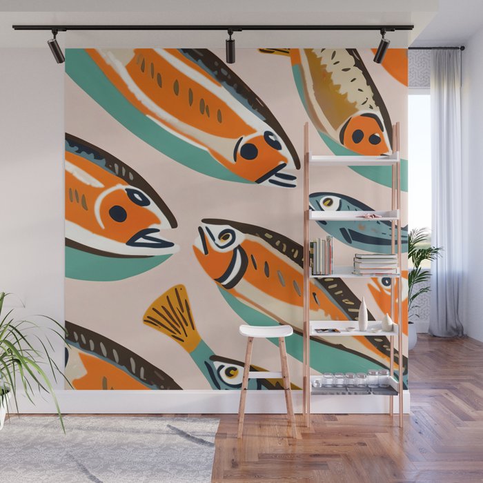 Sardines, Colorful Bohemian Eclectic Fish Animals, Ocean Life Seawater Quirky Whimsical, Pastel Illustration Painting Wall Mural Gallery Image 1
