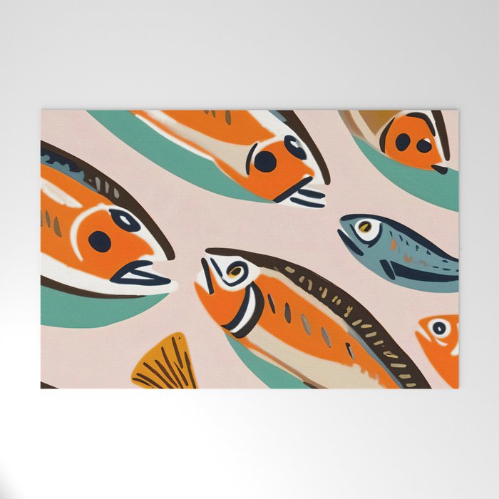 Sardines, Colorful Bohemian Eclectic Fish Animals, Ocean Life Seawater Quirky Whimsical, Pastel Illustration Painting Welcome Mat Gallery Image 1