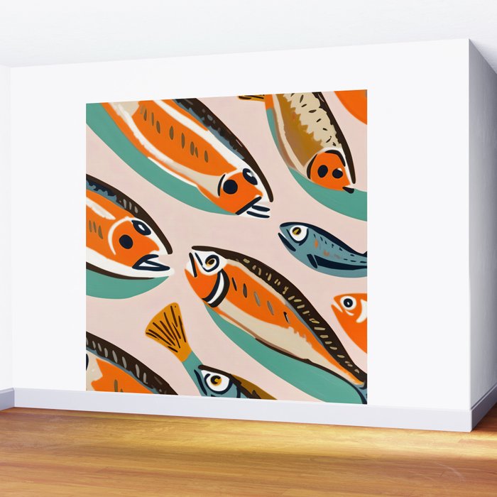 Sardines, Colorful Bohemian Eclectic Fish Animals, Ocean Life Seawater Quirky Whimsical, Pastel Illustration Painting Wall Mural Gallery Image 2
