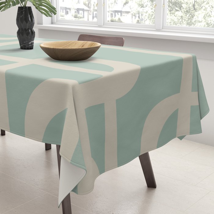 Fine Loops Mid-Century Modern Abstract Minimalist Pattern in Vintage Celadon Blue and Buff Tablecloth Gallery Image 3