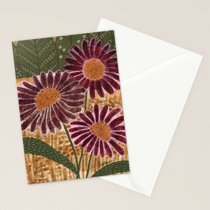 Daisies in Country Field Painting in Burgundy Red Stationery Card Gallery Image 2