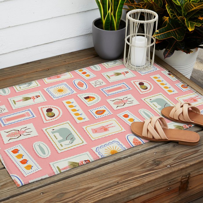 Vintage summer travel postage stamp pattern Outdoor Rug Gallery Image 2