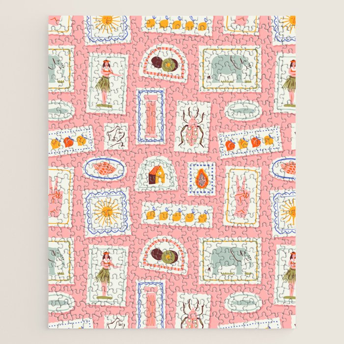 Vintage summer travel postage stamp pattern Jigsaw Puzzle Gallery Image 1