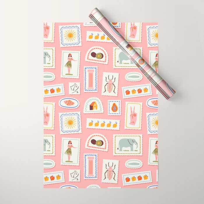 Vintage summer travel postage stamp pattern Wrapping Paper Gallery Image 1