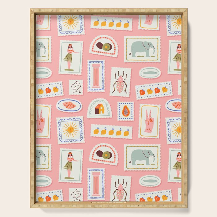 Vintage summer travel postage stamp pattern Serving Tray Gallery Image 1