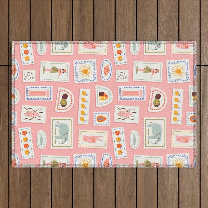 Vintage summer travel postage stamp pattern Outdoor Rug Gallery Image 1