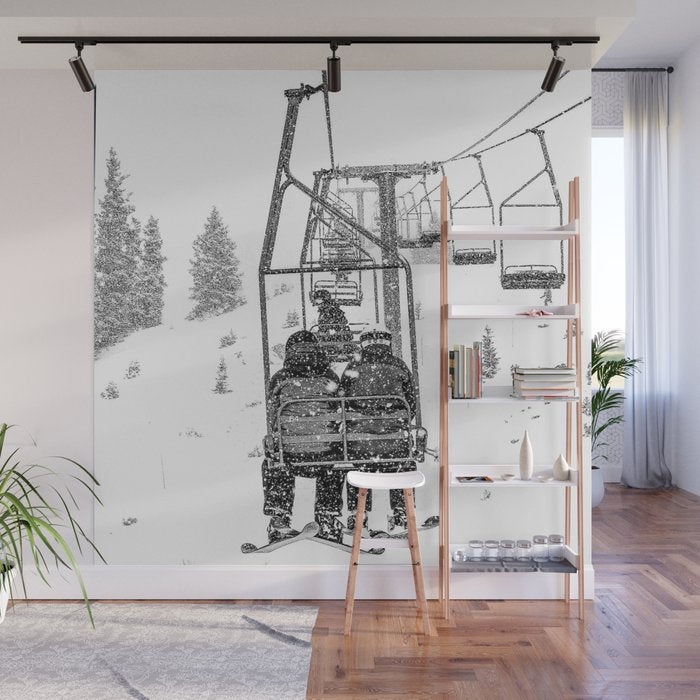 Snow Lift // Ski Chair Lift Colorado Mountains Black and White Snowboarding Vibes Photography Wall Mural Gallery Image 1