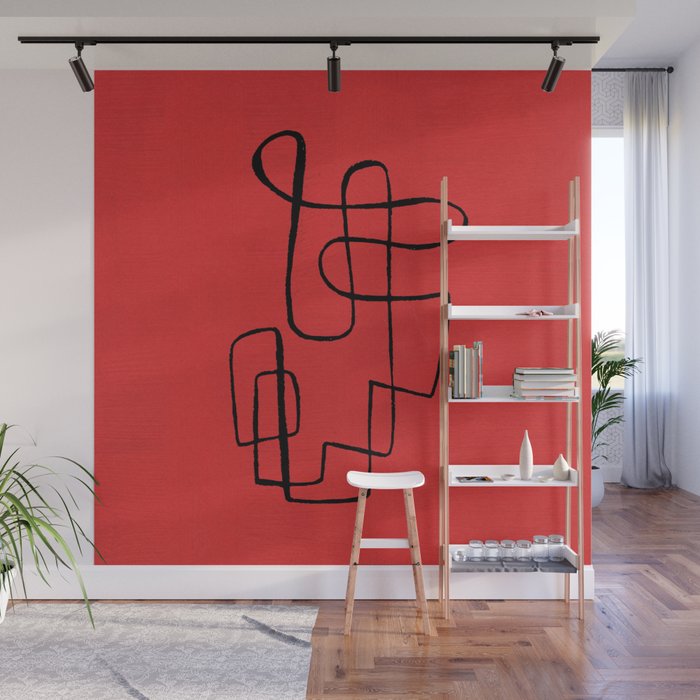 Minimalist Minimal Line Drawing Line Art Maze Red Painting Mid Century Modern Cool Retro Funky Trendy Wall Mural Gallery Image 1