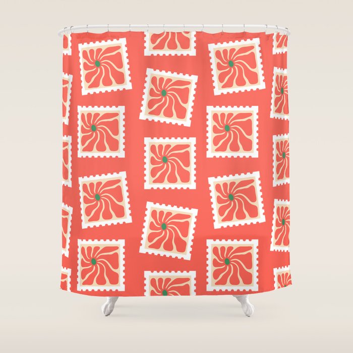 Vintage flower postage stamp pattern Shower Curtain Gallery Image 1