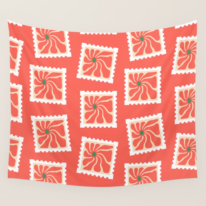 Vintage flower postage stamp pattern Wall Tapestry Gallery Image 4