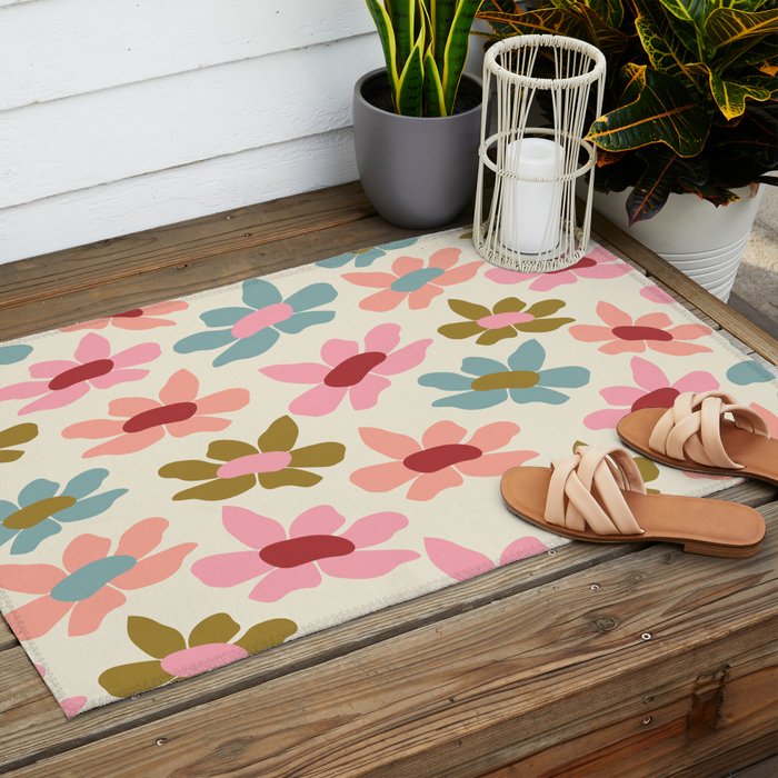 Retro Colorful Daisies  Outdoor Rug Gallery Image 2