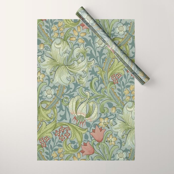 William Morris Vintage Golden Lily Mineral Blue Wrapping Paper Gallery Image 1